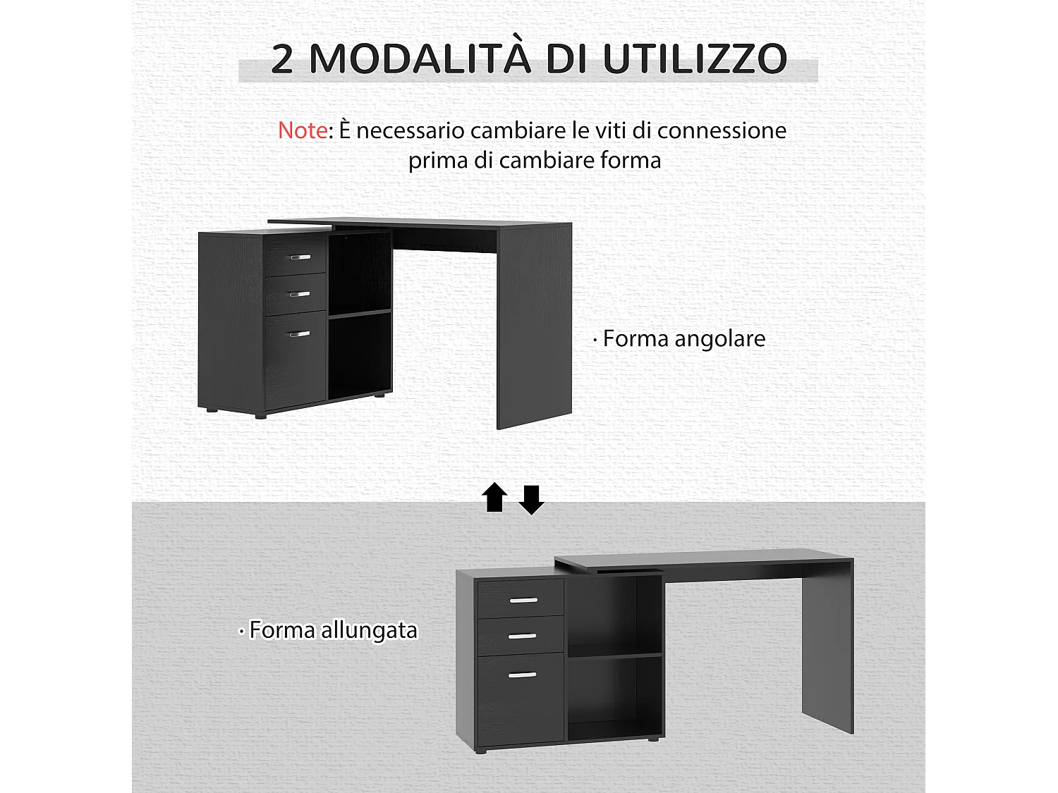 Scrivania angolare forma a l per pc con 2 cassetti e ripiani aperti