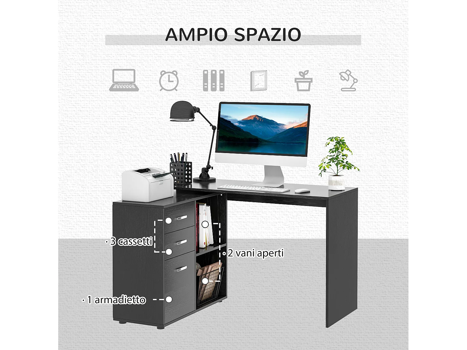 Scrivania angolare forma a l per pc con 2 cassetti e ripiani aperti