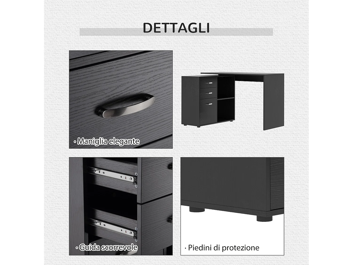 Scrivania angolare forma a l per pc con 2 cassetti e ripiani aperti