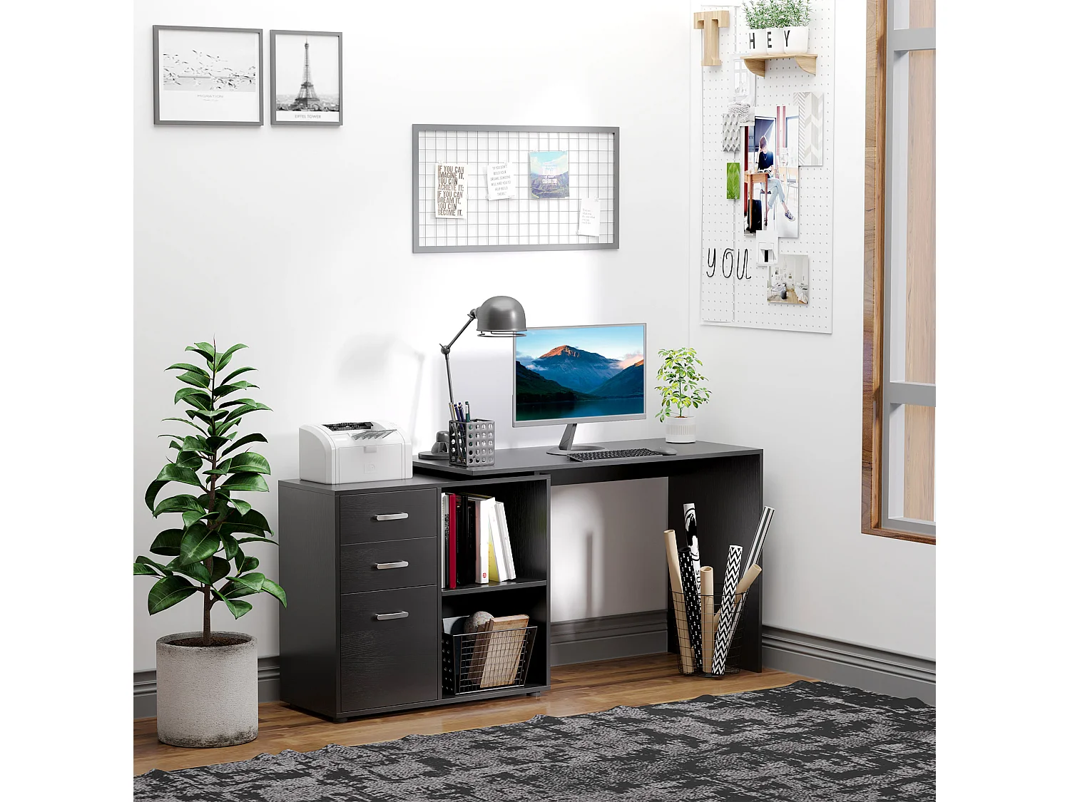 Scrivania angolare forma a l per pc con 2 cassetti e ripiani aperti