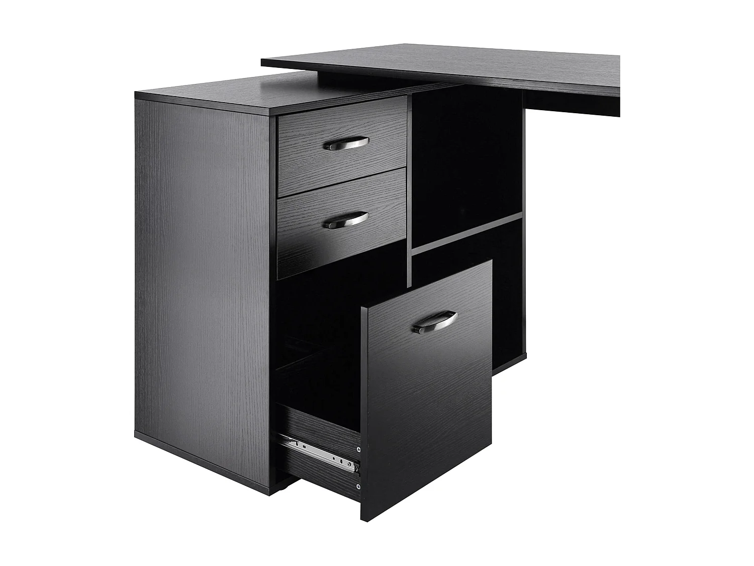 Scrivania angolare forma a l per pc con 2 cassetti e ripiani aperti