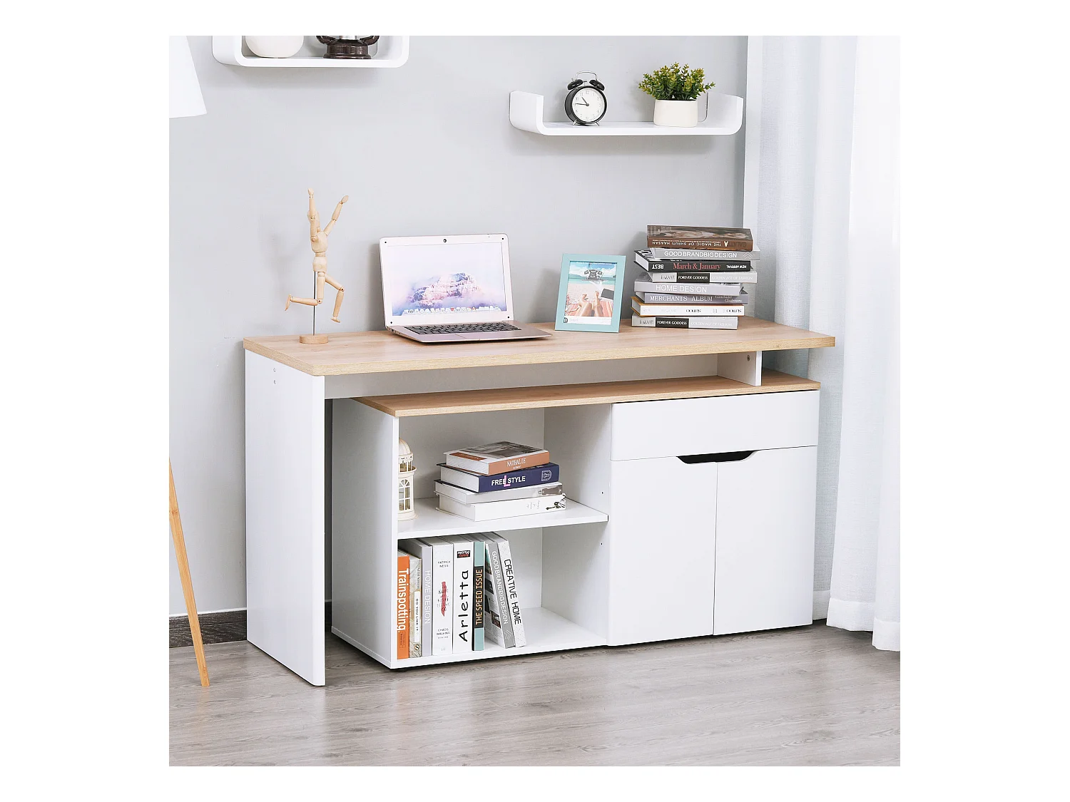 Scrivania angolare con piano estraibile e libreria color legno bianco