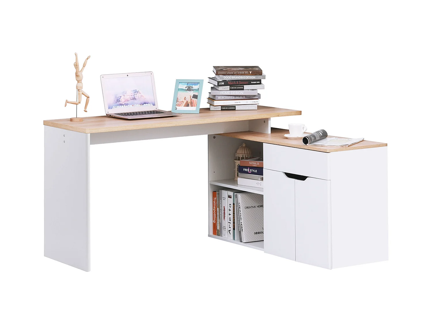 Scrivania angolare con piano estraibile e libreria color legno bianco