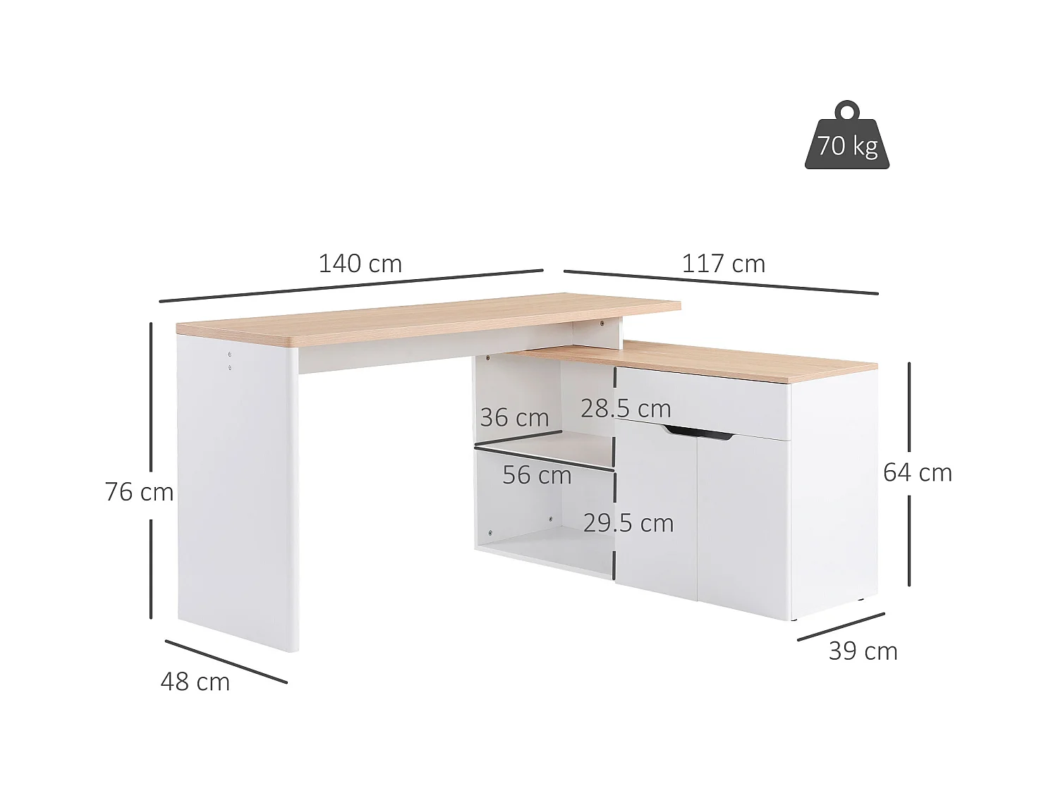 Scrivania angolare con piano estraibile e libreria color legno bianco