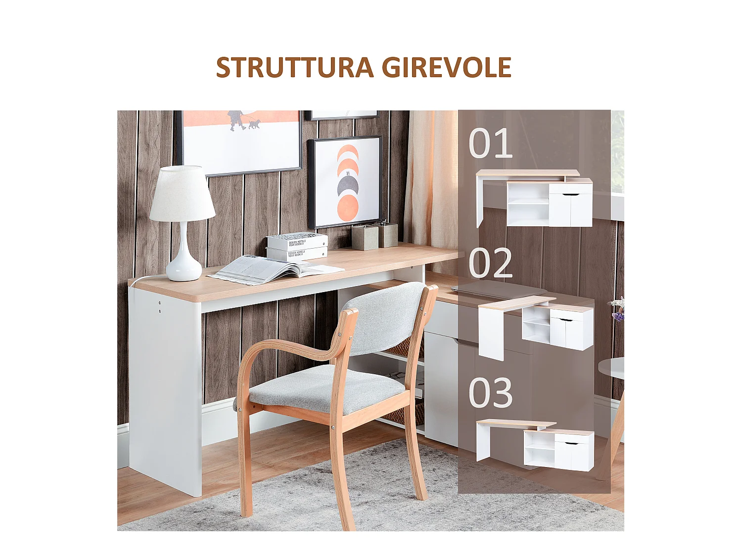 Scrivania angolare con piano estraibile e libreria color legno bianco