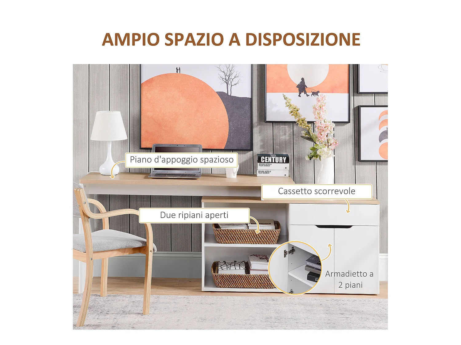 Scrivania angolare con piano estraibile e libreria color legno bianco