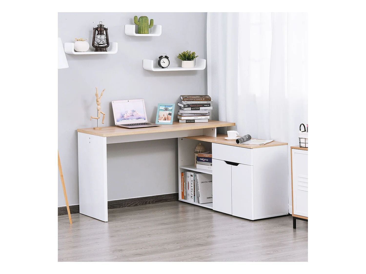 Scrivania angolare con piano estraibile e libreria color legno bianco