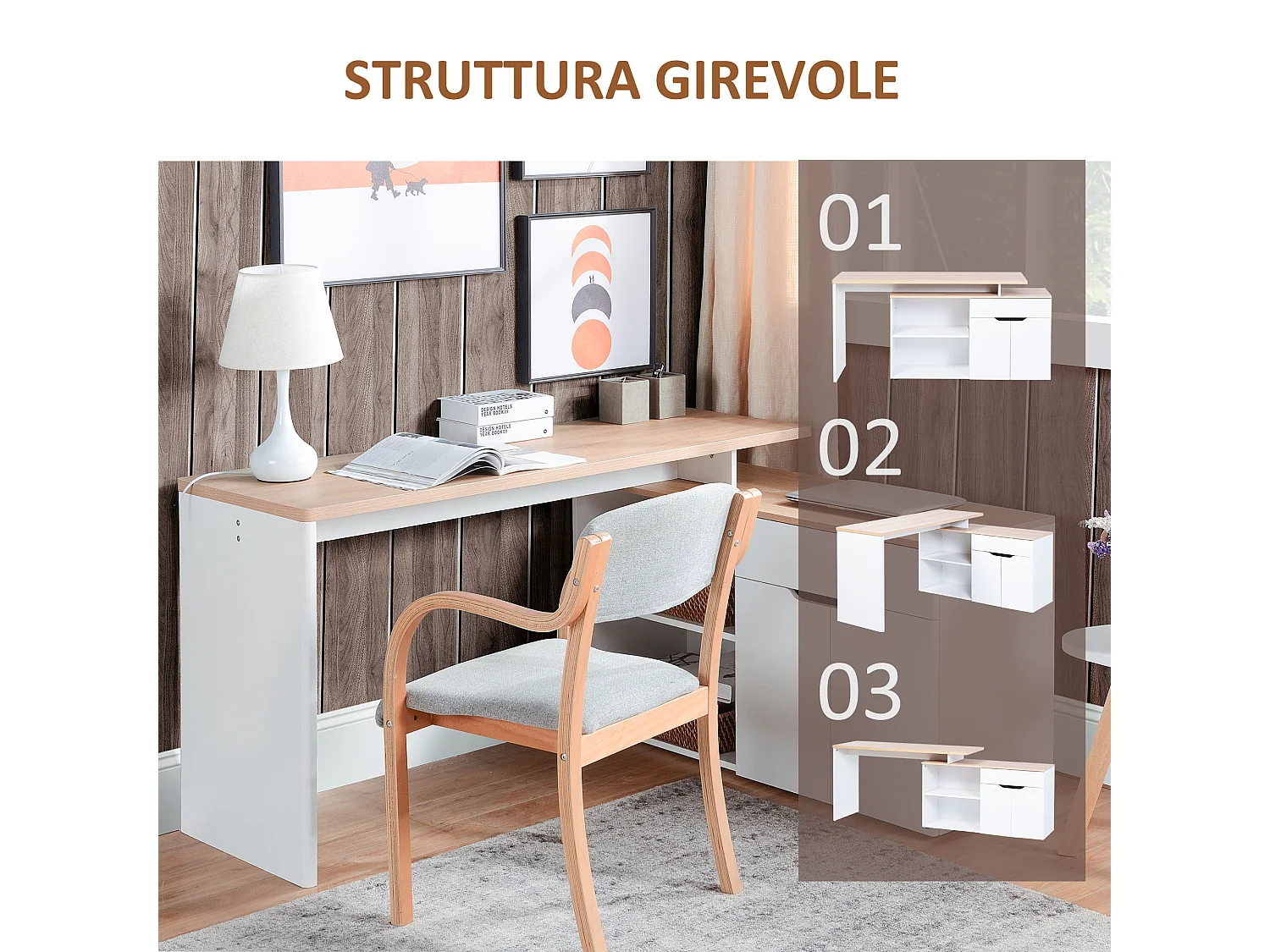 Scrivania angolare con piano estraibile e libreria color legno bianco