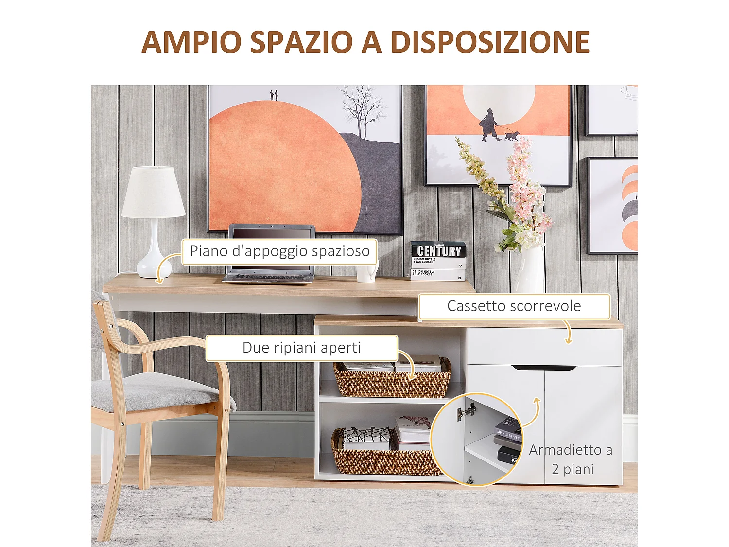 Scrivania angolare con piano estraibile e libreria color legno bianco