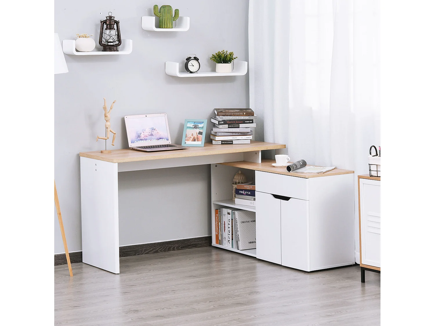 Scrivania angolare con piano estraibile e libreria color legno bianco