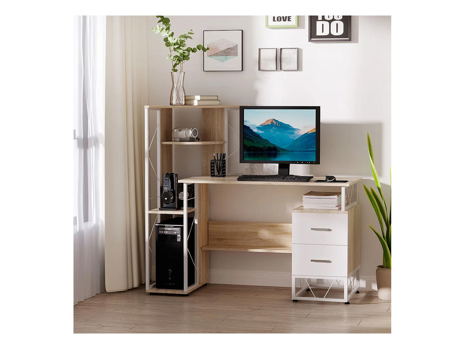 Scrivania moderna con scaffale in mdf e metallo colore rovere