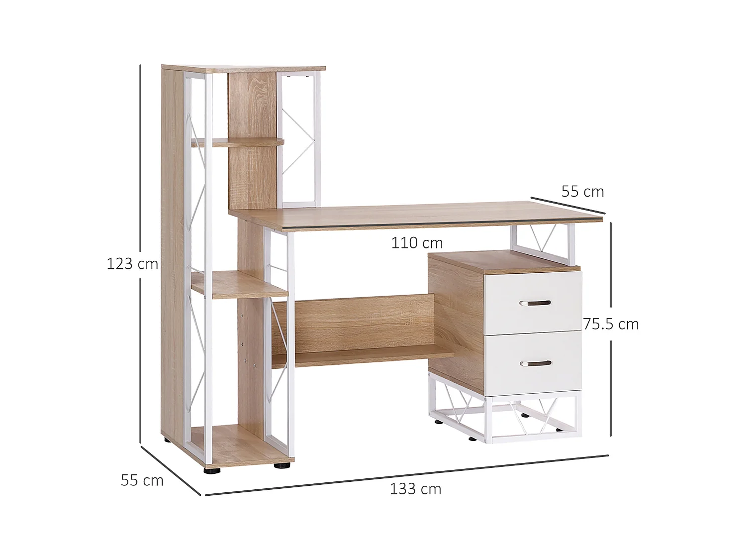 Scrivania moderna con scaffale in mdf e metallo colore rovere