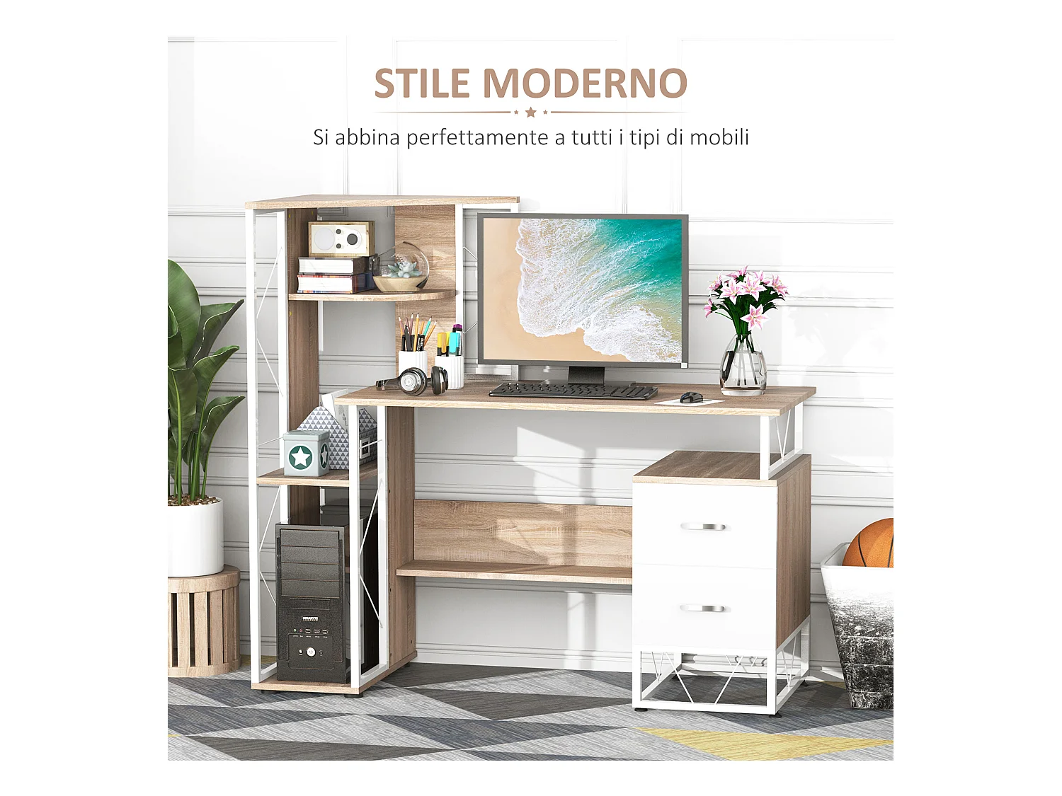 Scrivania moderna con scaffale in mdf e metallo colore rovere