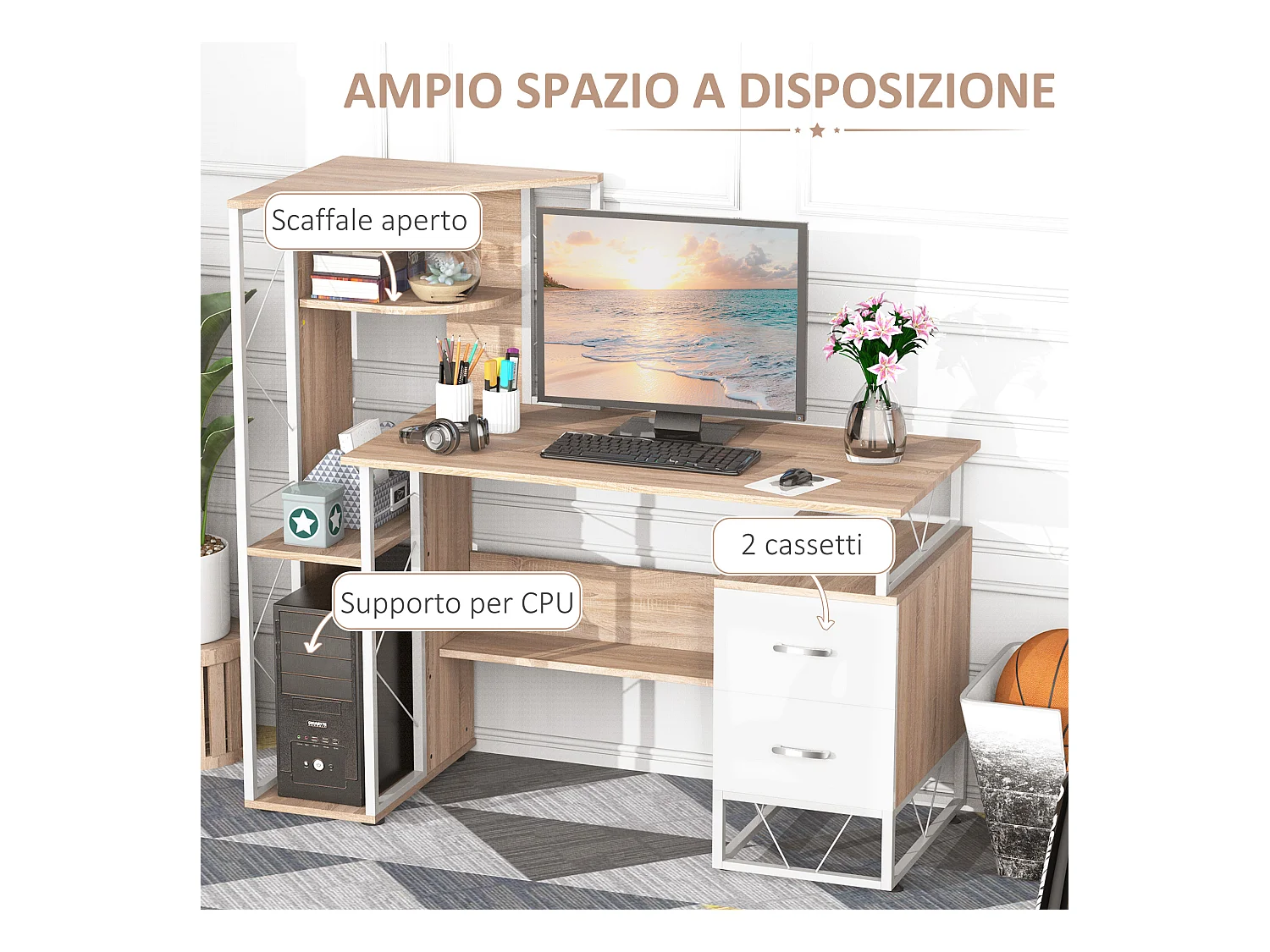 Scrivania moderna con scaffale in mdf e metallo colore rovere