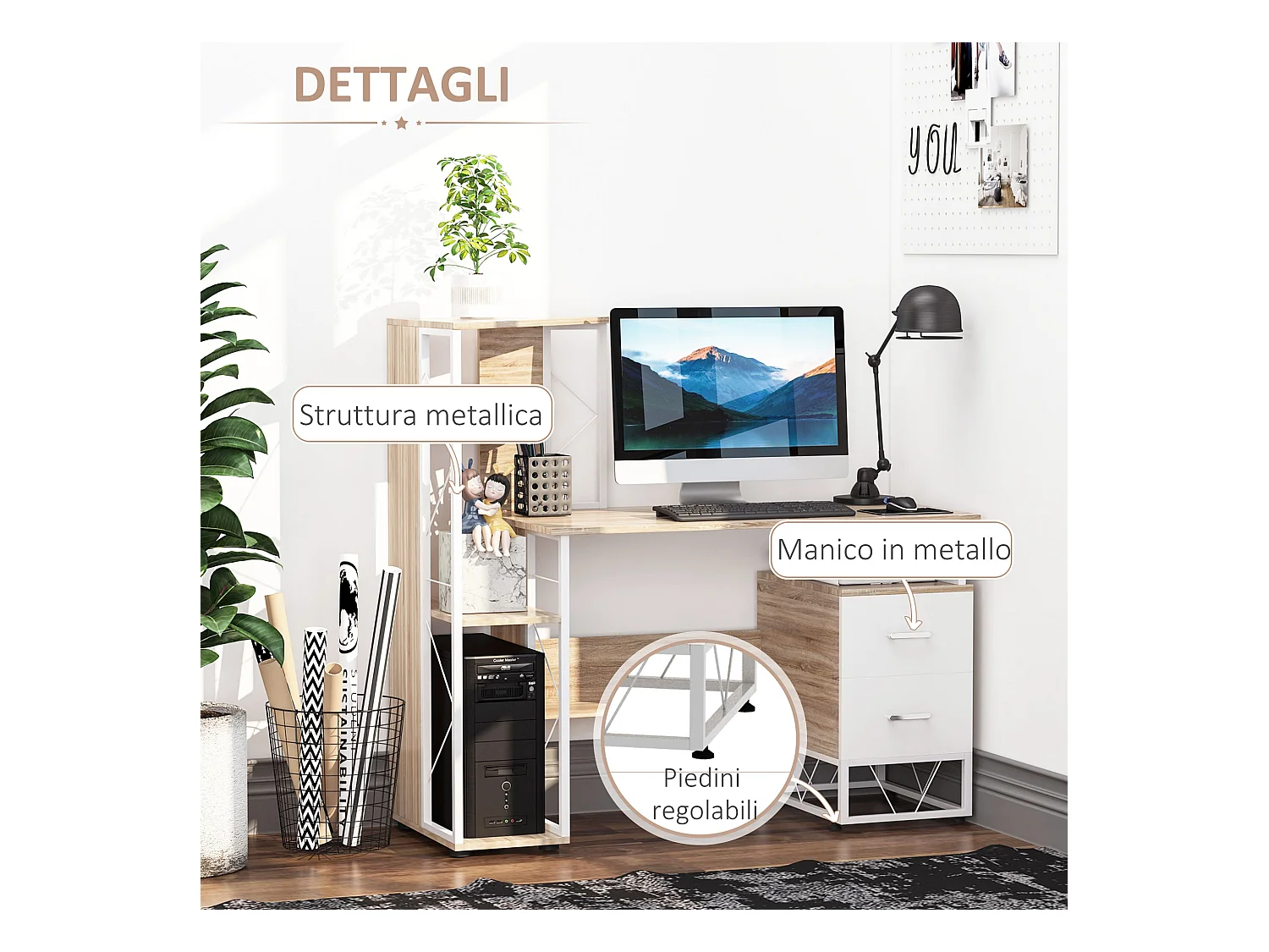 Scrivania moderna con scaffale in mdf e metallo colore rovere