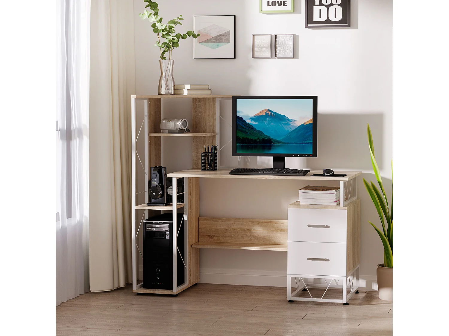 Scrivania moderna con scaffale in mdf e metallo colore rovere