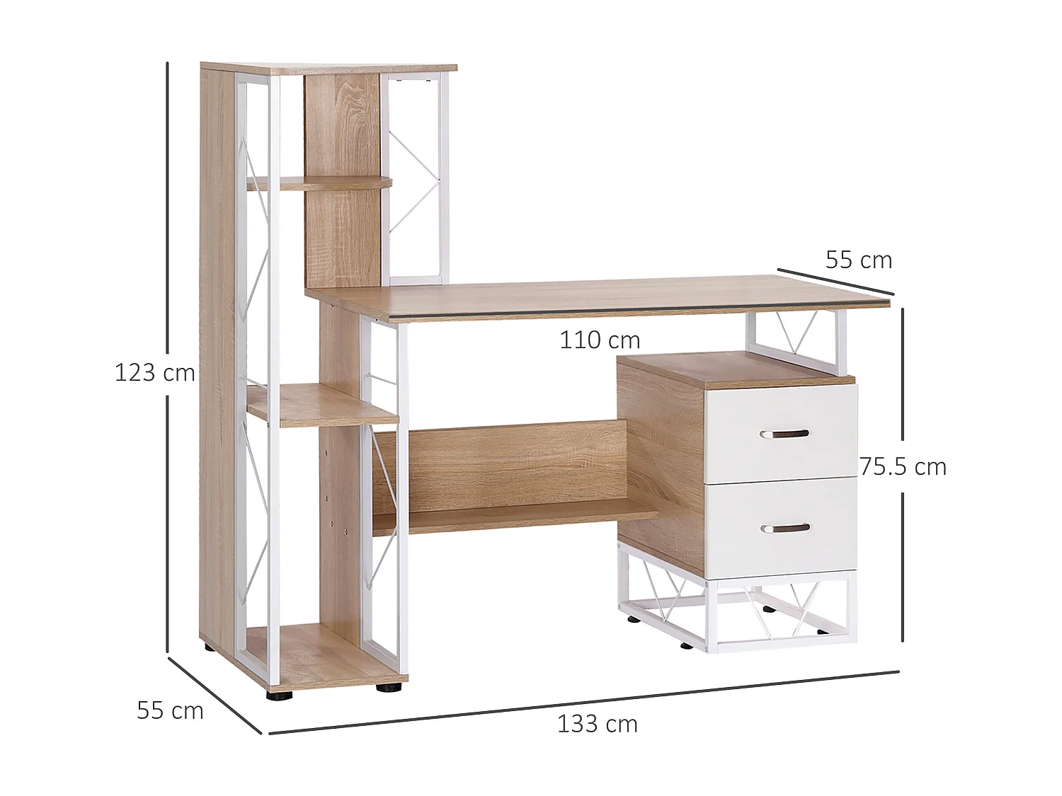 Scrivania moderna con scaffale in mdf e metallo colore rovere