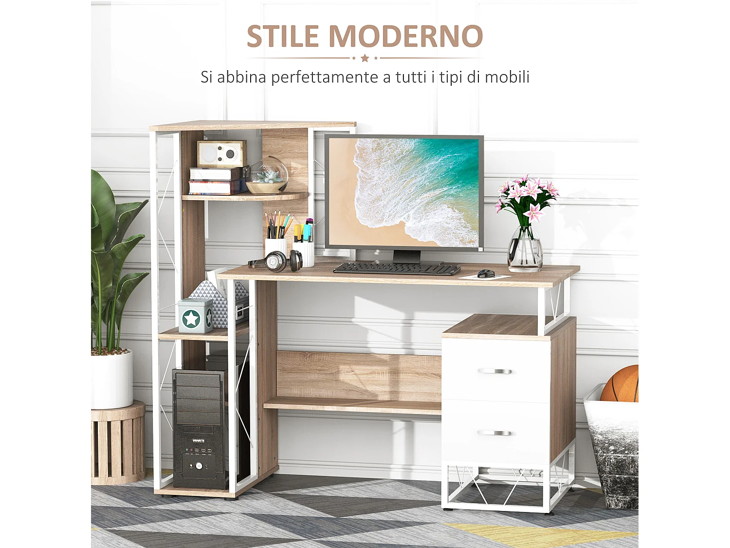 Scrivania moderna con scaffale in mdf e metallo colore rovere