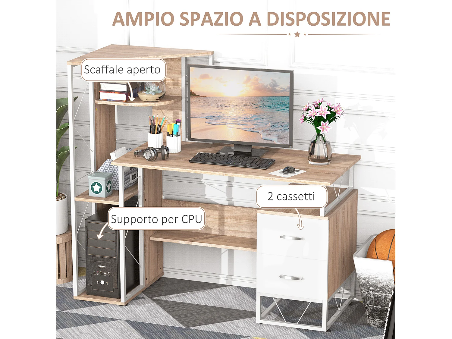 Scrivania moderna con scaffale in mdf e metallo colore rovere