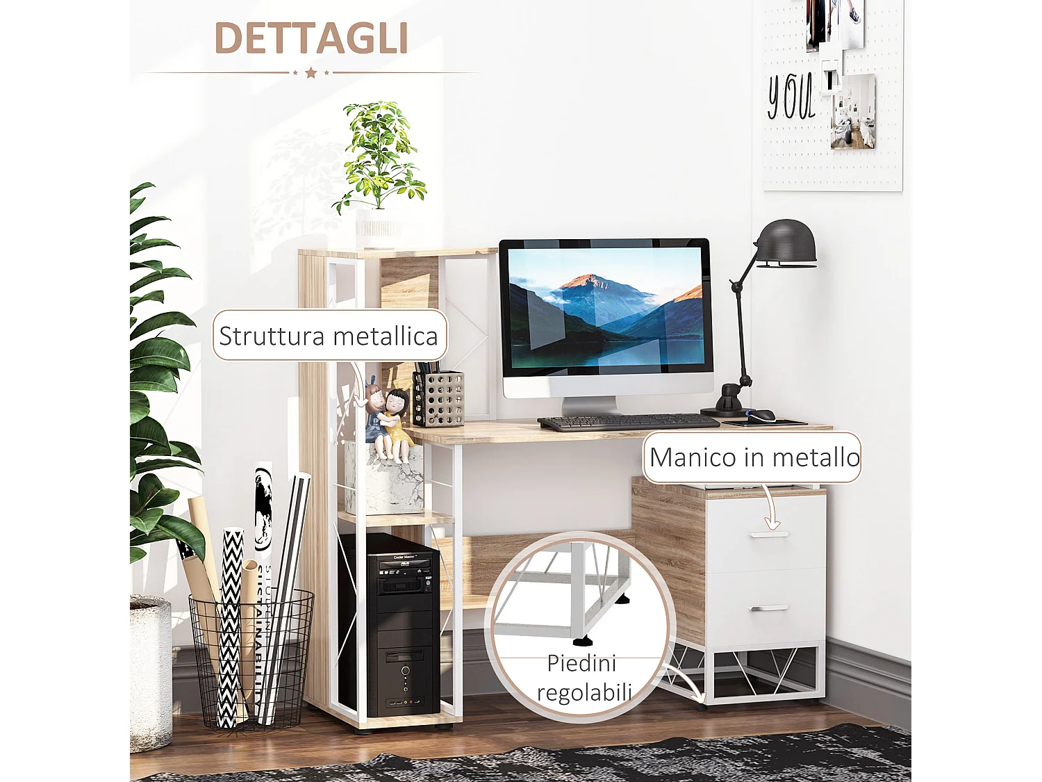 Scrivania moderna con scaffale in mdf e metallo colore rovere