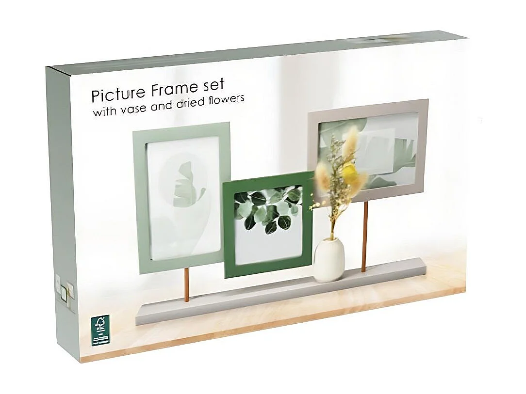 Portafotos con florero 3 imágenes verde 25,5x41x6 cm
