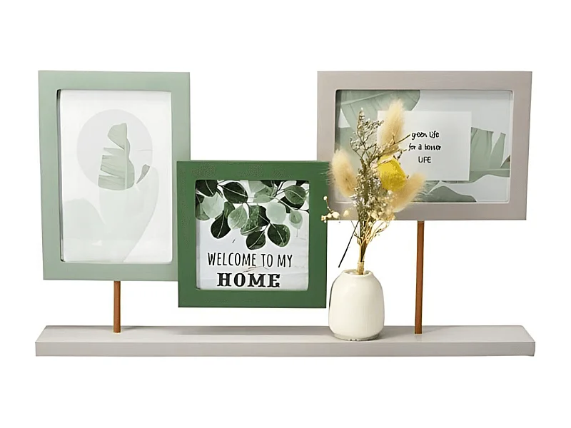 Portafotos con florero 3 imágenes verde 25,5x41x6 cm
