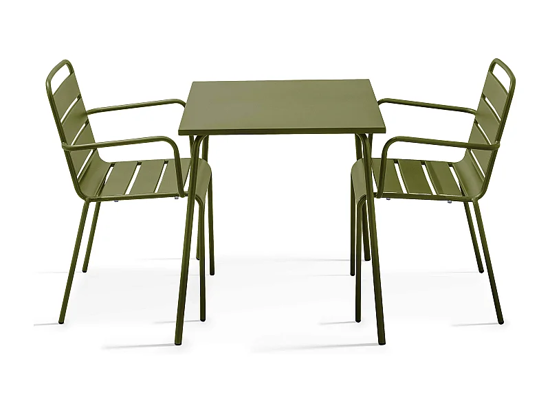 Set van een vierkante tuin tafel en 2 Kaki Groen stalen fauteuils