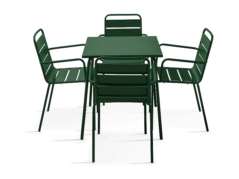 Ensemble table de jardin carrée et 4 fauteuils acier Vert forêt - Palavas