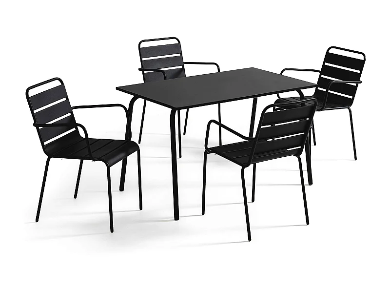 Ensemble table de jardin et 4 fauteuils en métal noir - Palavas