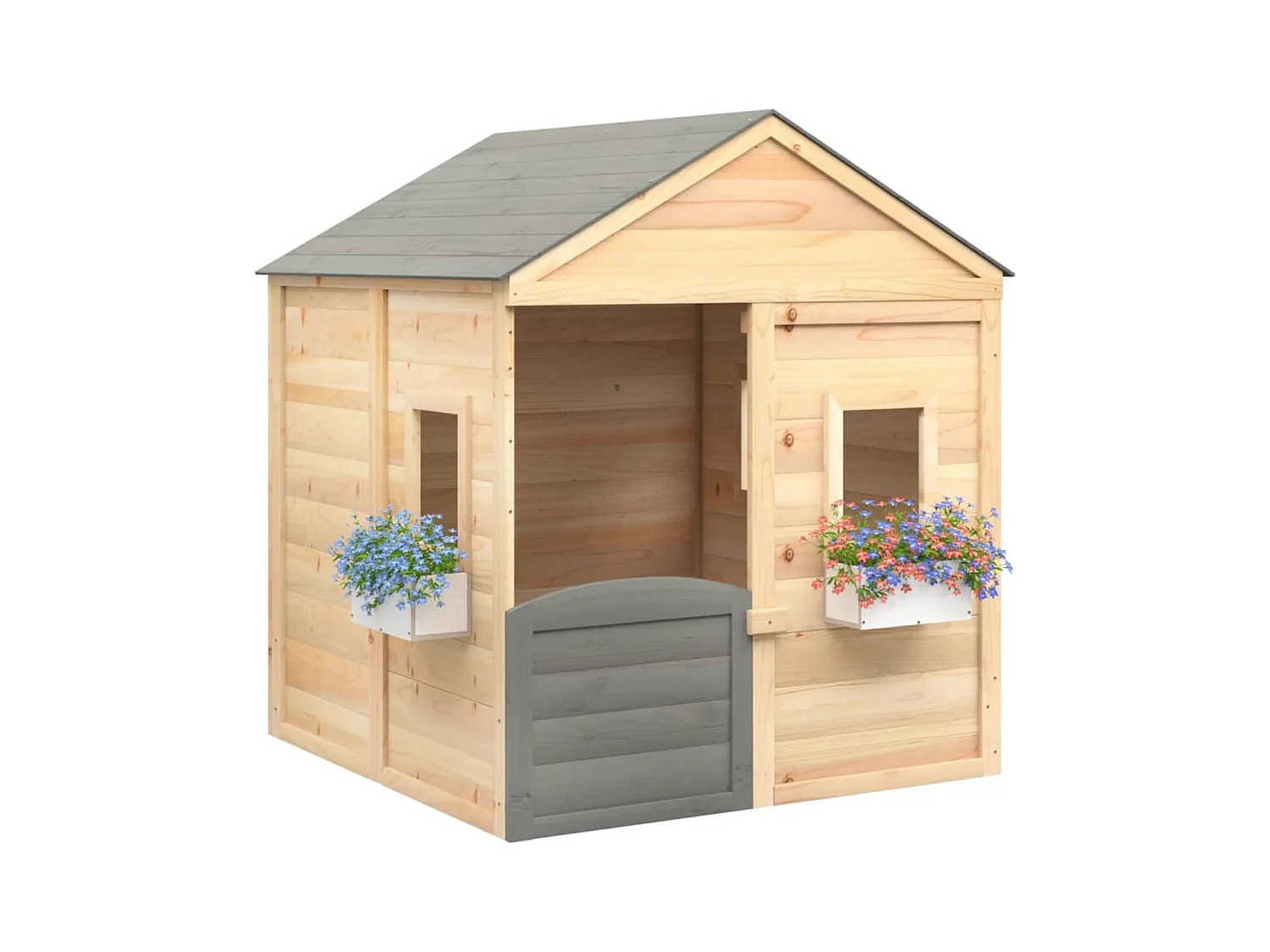 VidaXL Casita de juegos de madera 3-12 años puerta con cierre y maceteros madera/gris