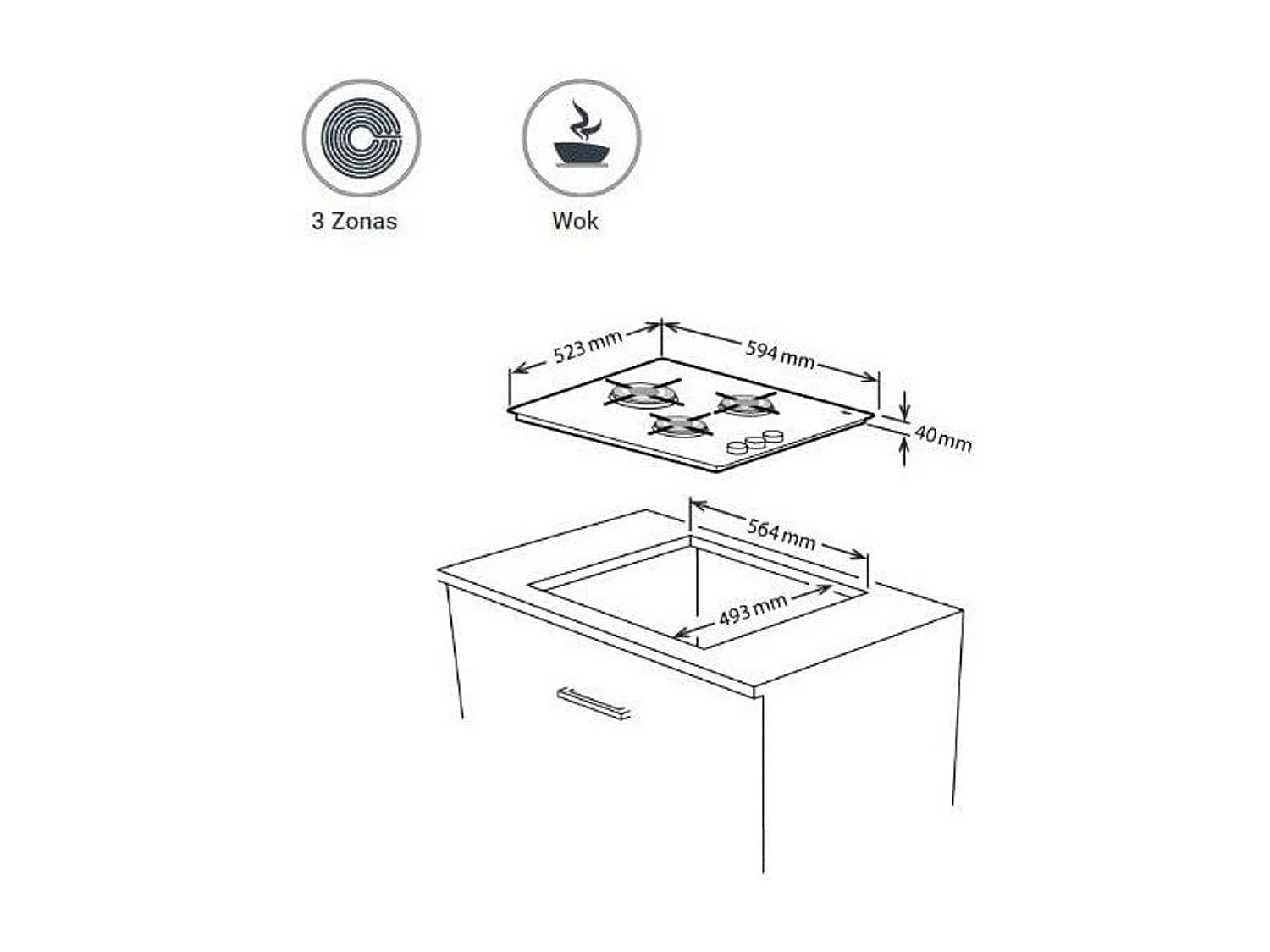 Encimera gas New Pol 3 fuegos NW3GG Cristal Negro