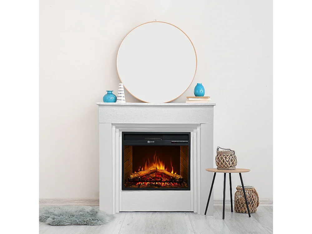 Cheminée électrique BELLINI, cheminée sur pied, bois blanc, fabriquée en Italie, L96 x P35 x H96