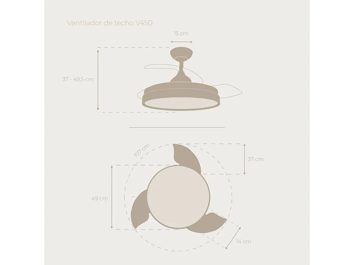 Ventilador de techo Evvo V450 aspas retráctiles negro Ø49x37-49,5 cm