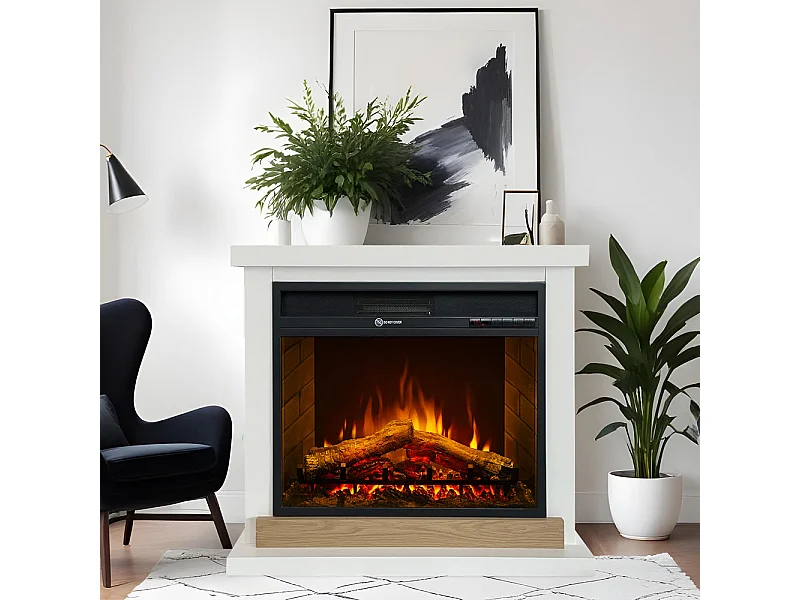 Cheminée électrique Stockholm, cheminée sur pied, bois blanc, L75xP28xH70 cm