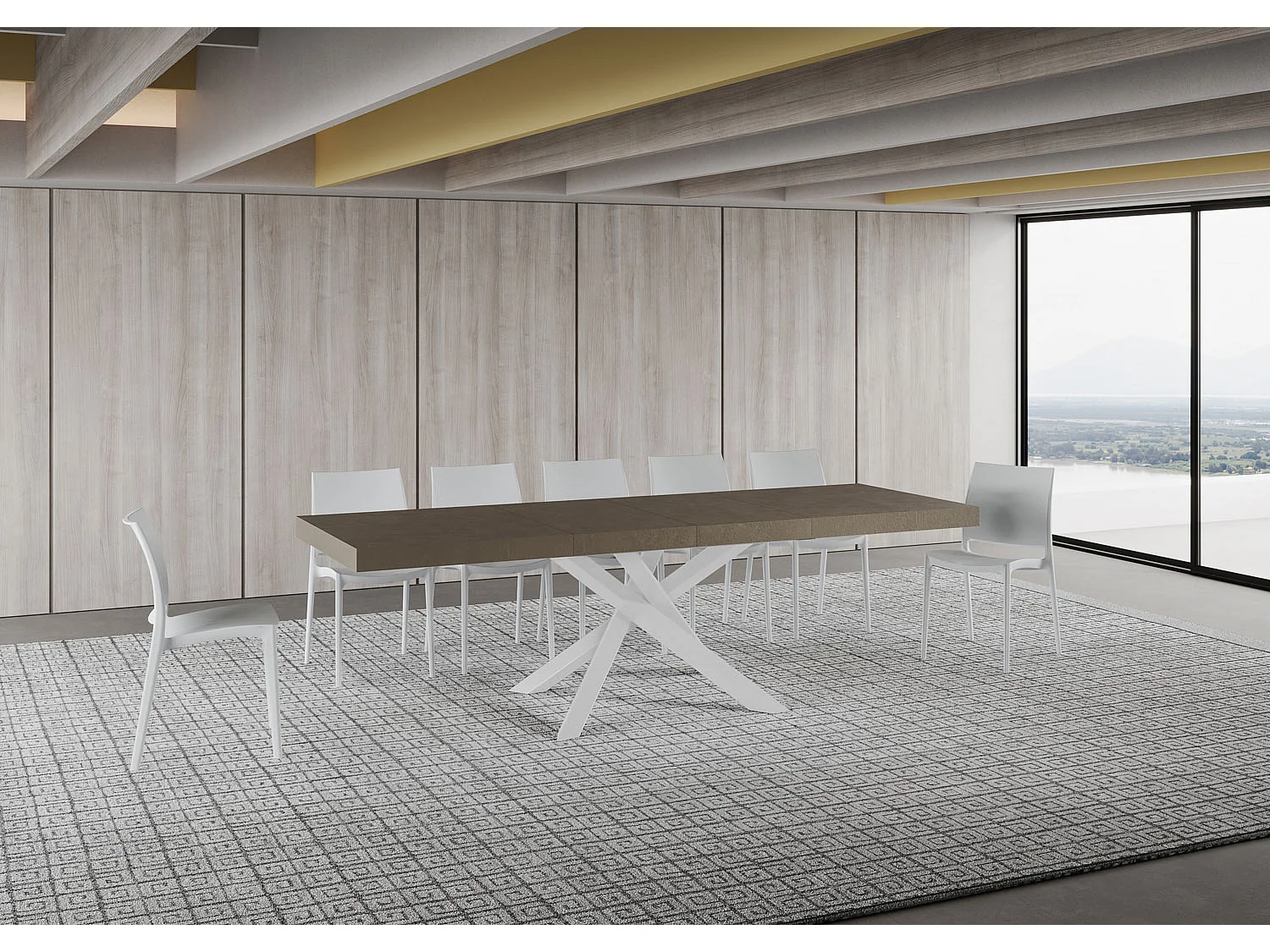 Table extensible Volantis Premium gris tourterelle 160/420x90 cm avec pieds blancs
