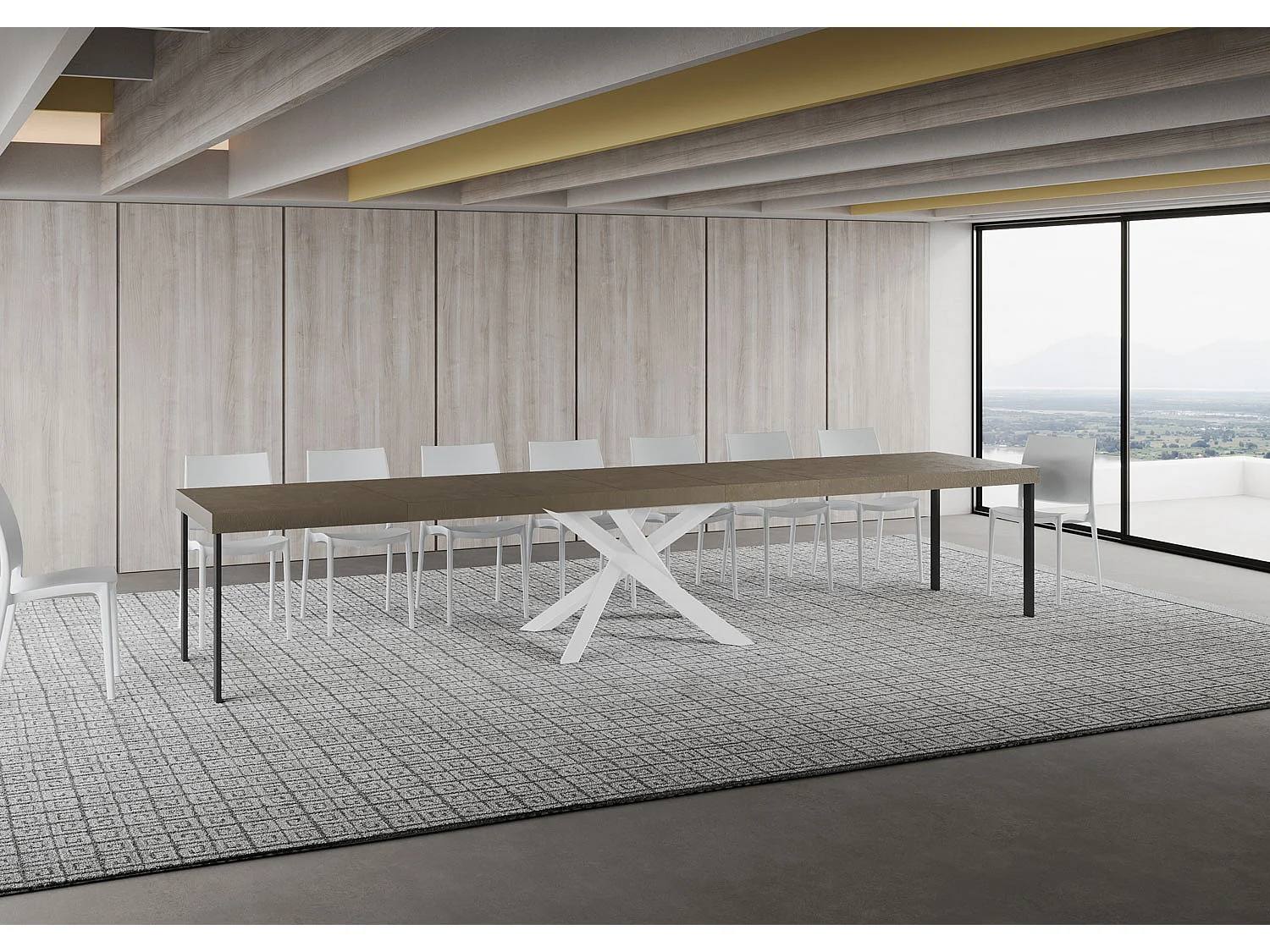 Table extensible Volantis Premium gris tourterelle 160/420x90 cm avec pieds blancs