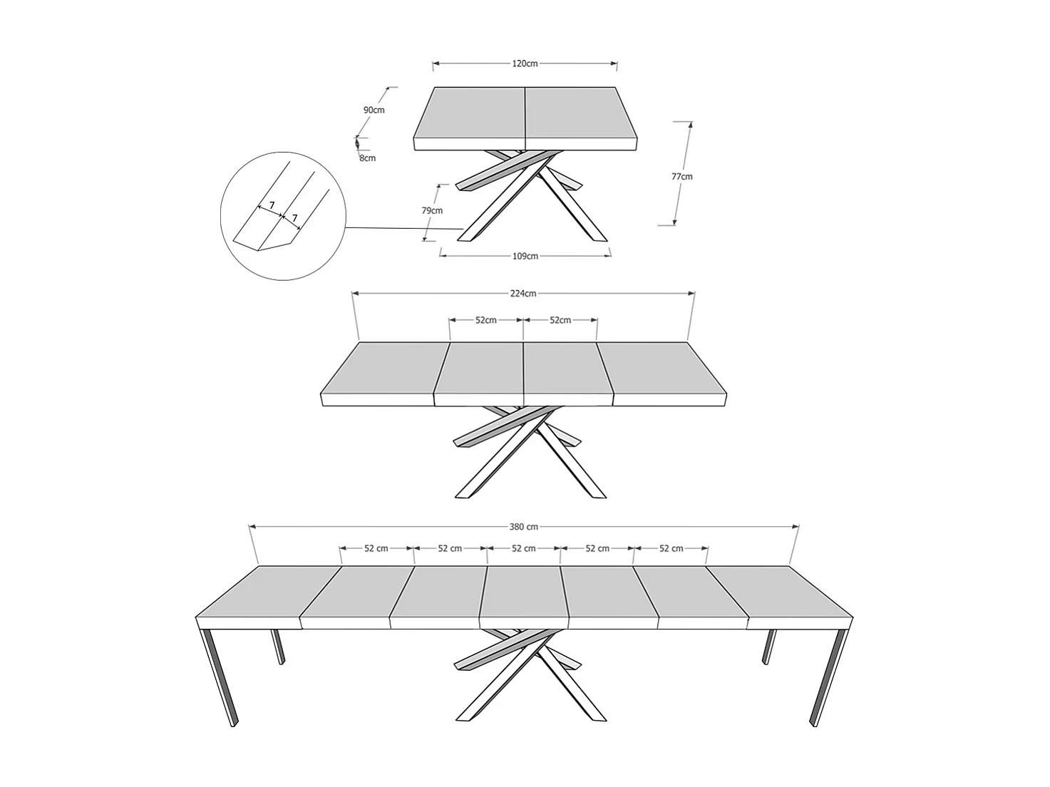Udtræksbord 120/380x90 cm Volantis Premium betonben flerfarvet 4/C