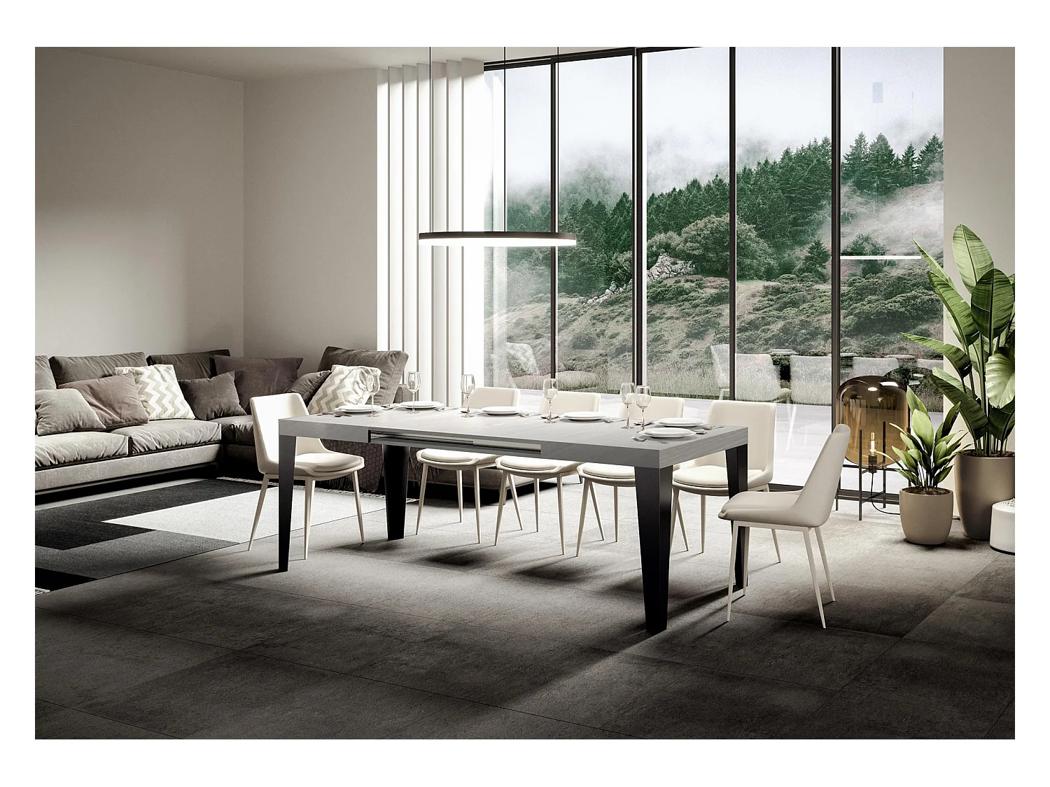 Table extensible 120/380x90 cm Frêne blanc flamme pieds anthracite