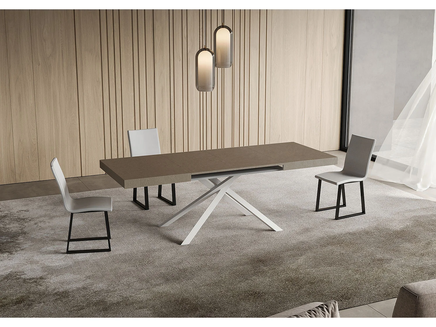Niket duegråt udtræksbord 120/224x90 cm med hvide ben