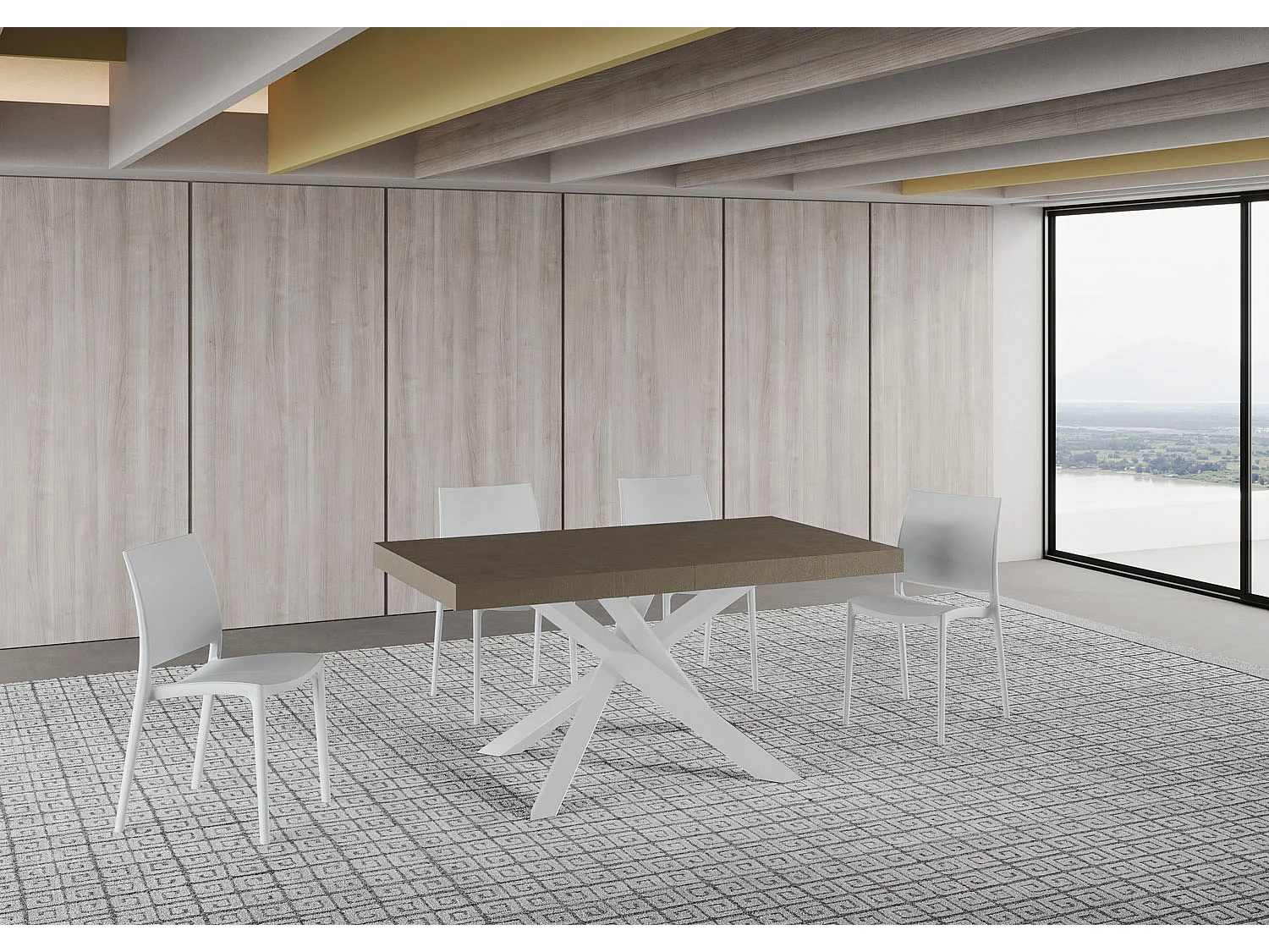 Table extensible Volantis Premium gris tourterelle avec pieds blancs, 160/264x90 cm