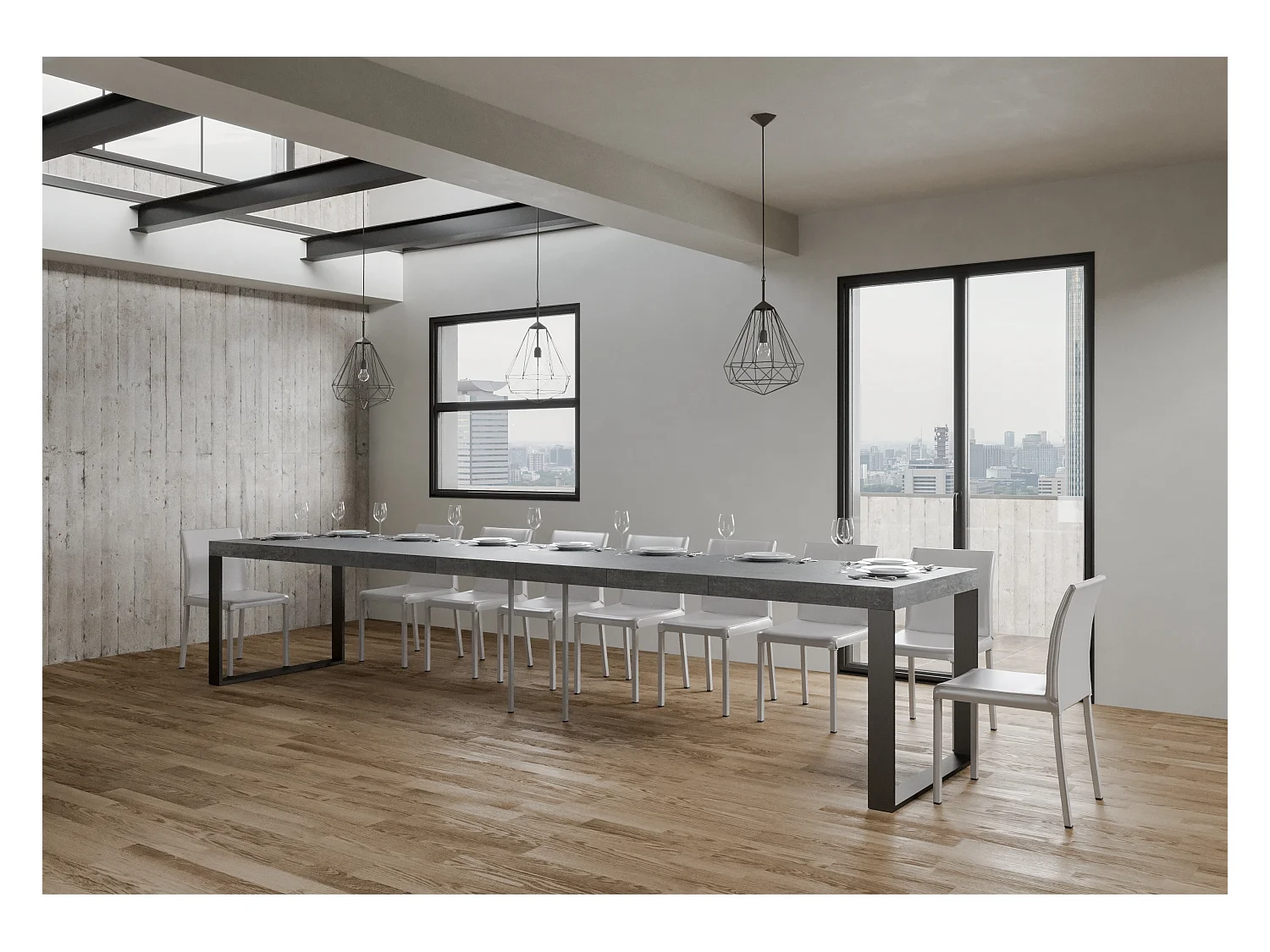 Ausziehbarer Tisch 120/380x90 cm Tecno Premium Beton mit anthrazitfarbenen Beinen