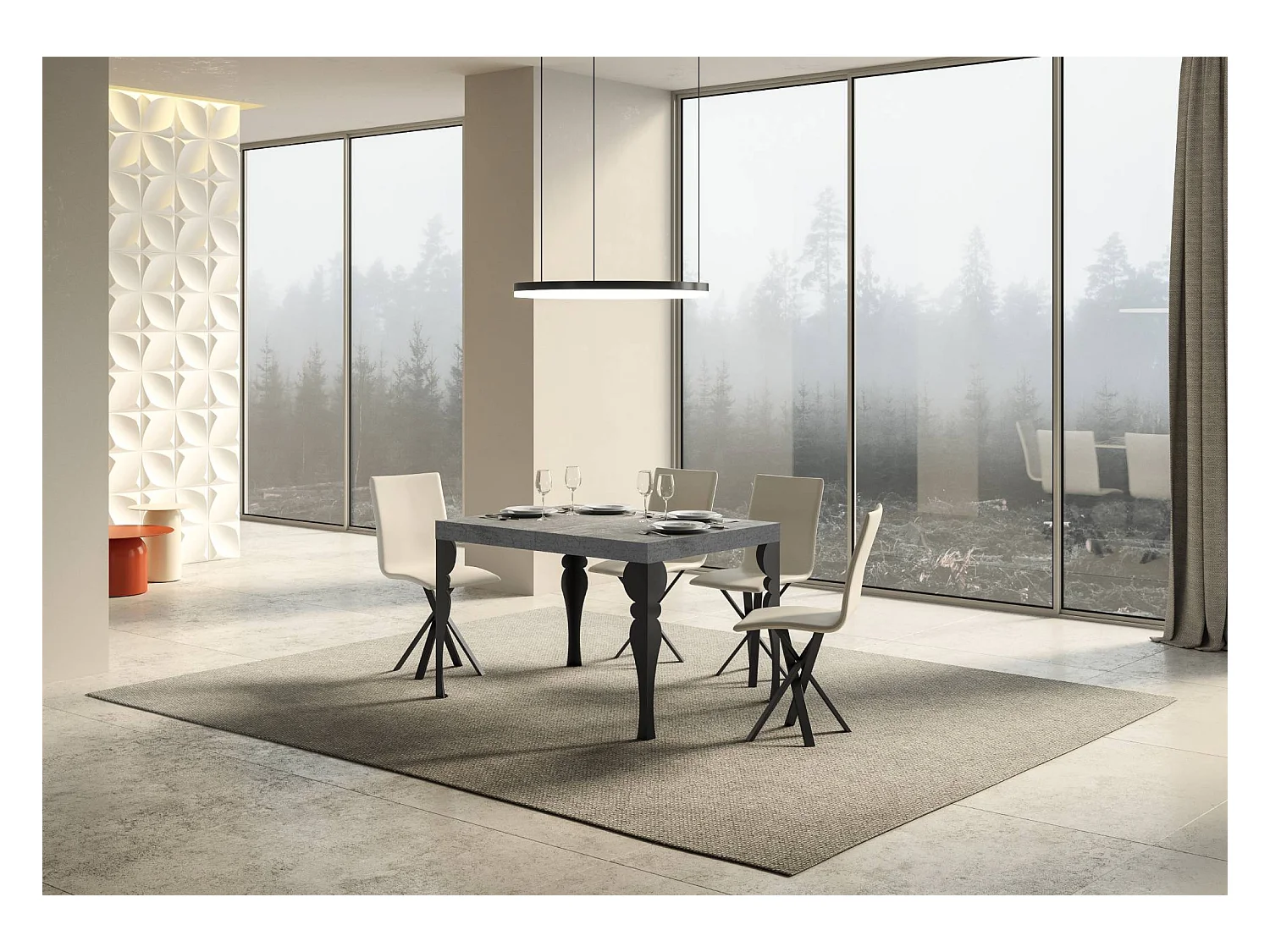 Ausziehbarer Tisch Paxon Premium 120/380x90 cm mit anthrazitfarbenen Beinen.