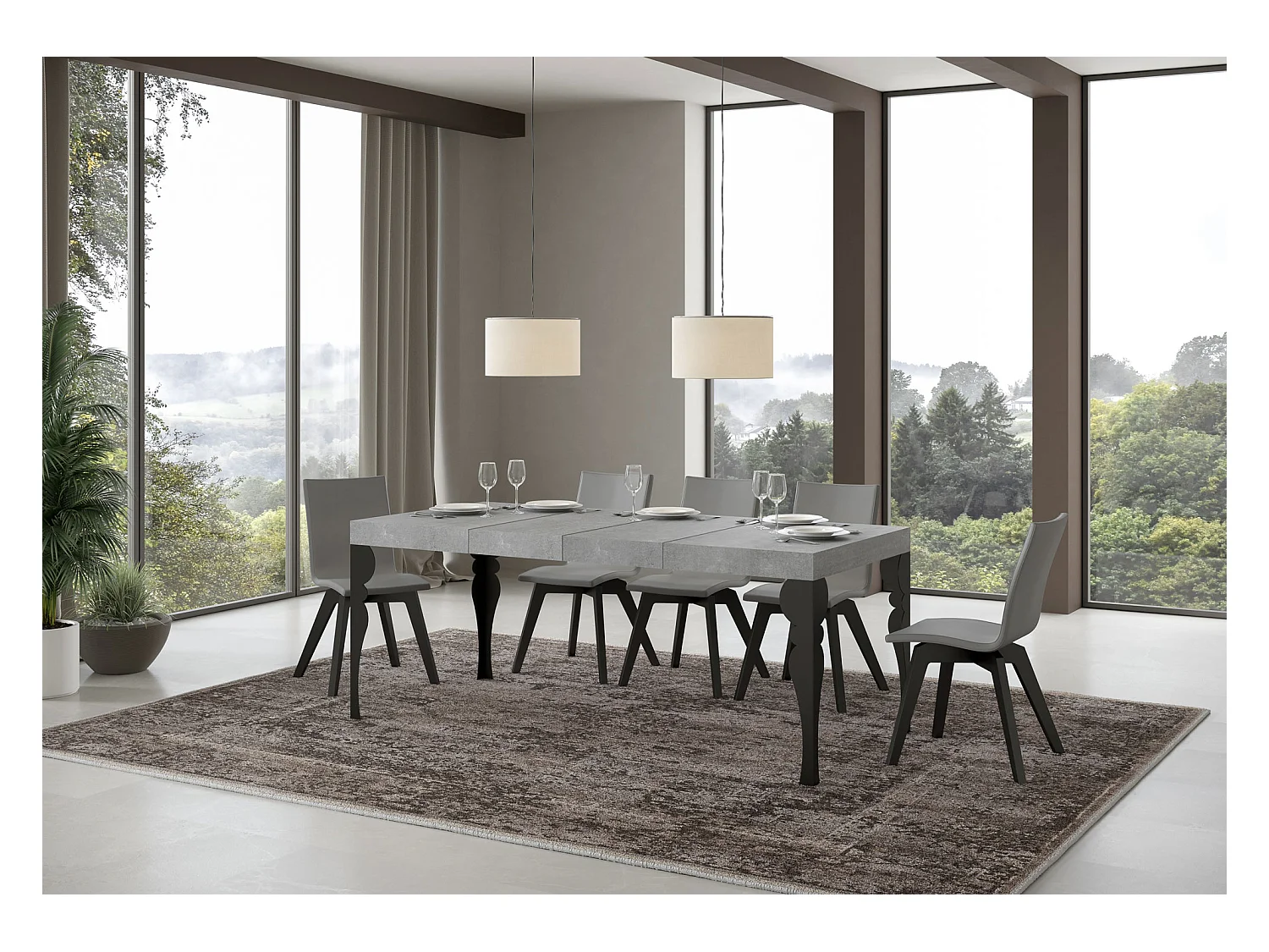 Ausziehbarer Tisch Paxon Premium 120/380x90 cm mit anthrazitfarbenen Beinen.