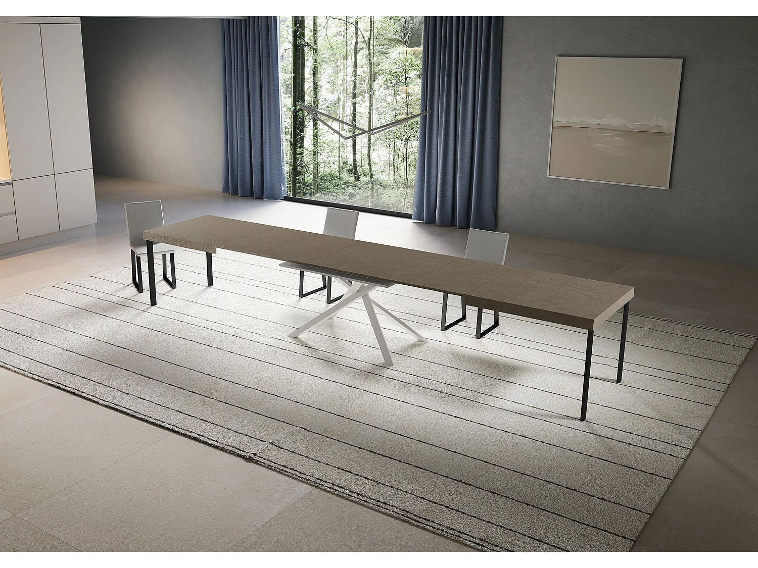 Niket duifgrijze uitschuifbare tafel 180/440x90 cm met witte poten