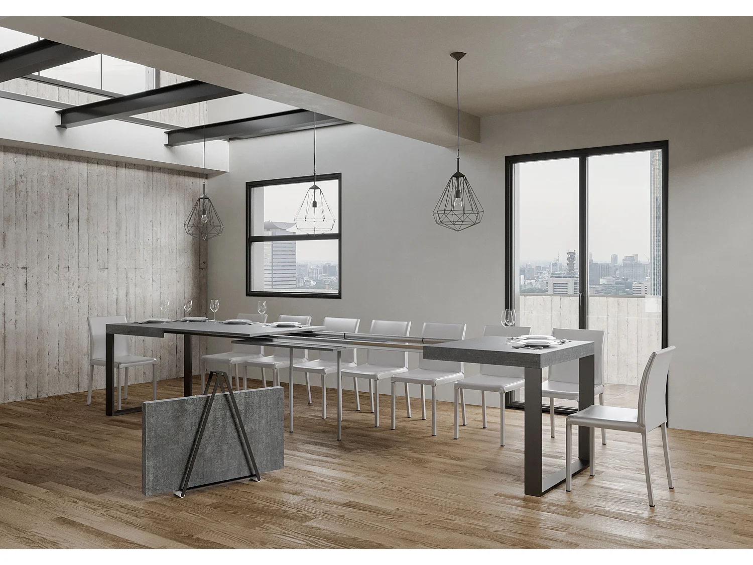 Table extensible 120/380x90 cm Tecno béton avec pieds anthracite