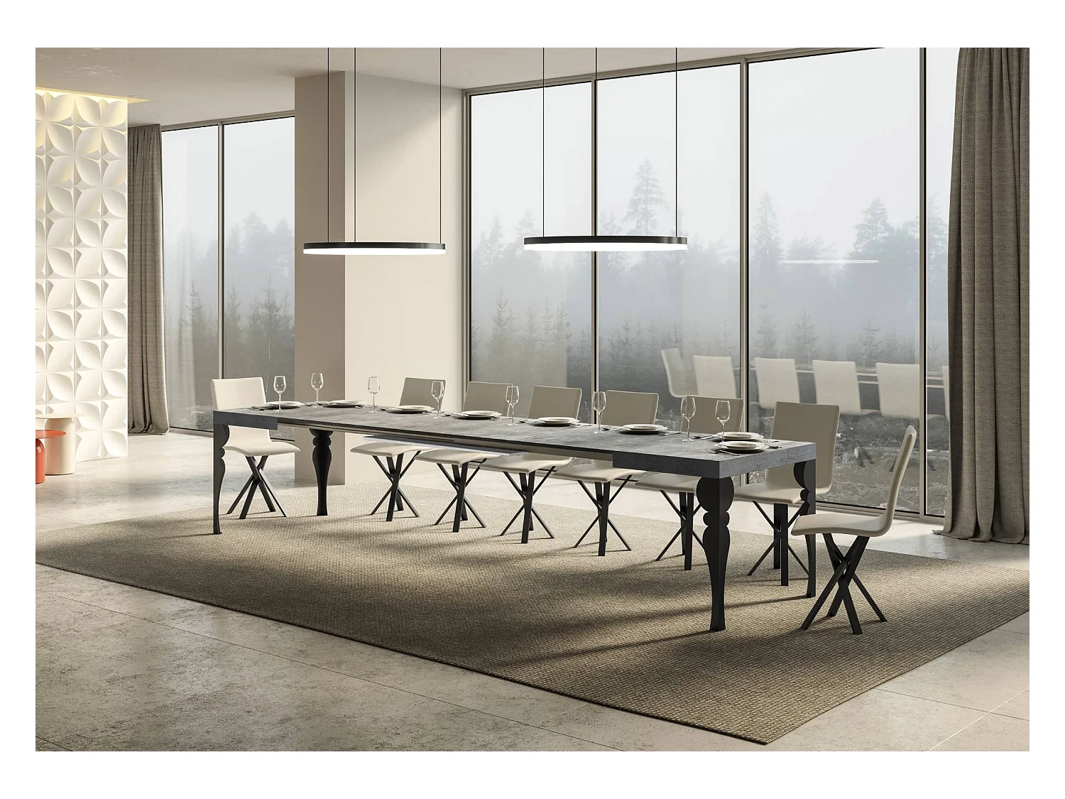 Ausziehbarer Tisch Paxon 120/380x90 cm mit anthrazitfarbenen Beinen.