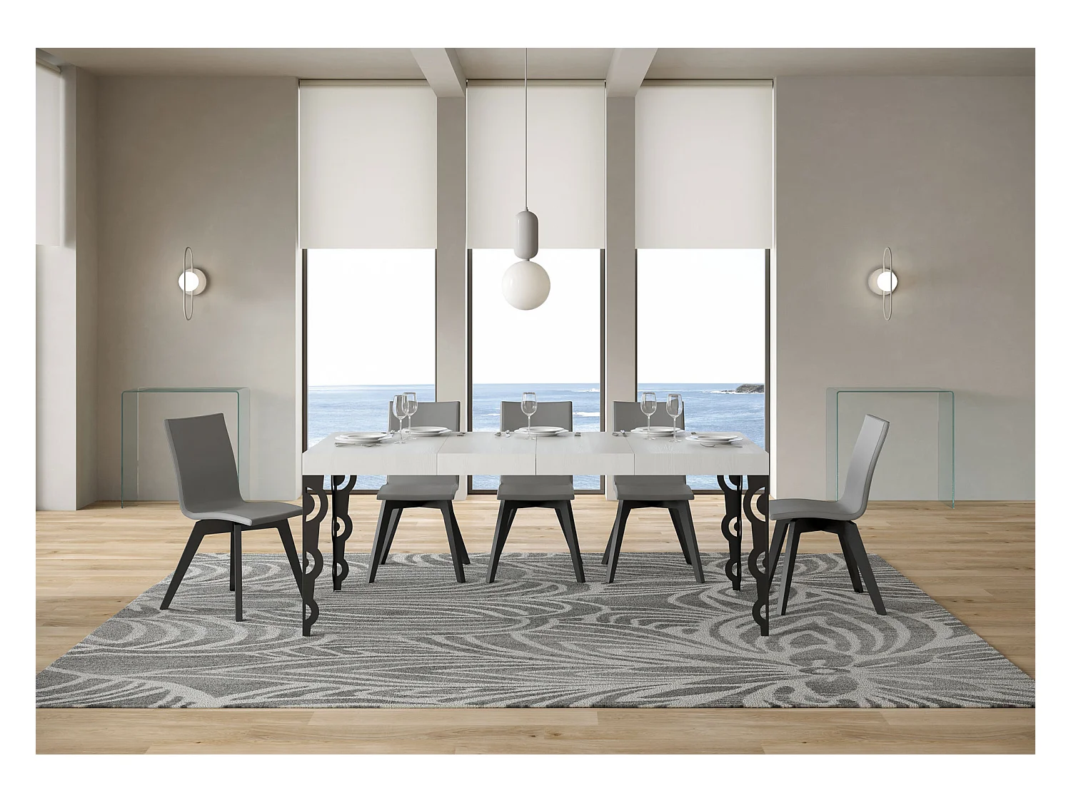 Mesa extensible Karamay Premium 120/380x90 cm fresno blanco patas antracita