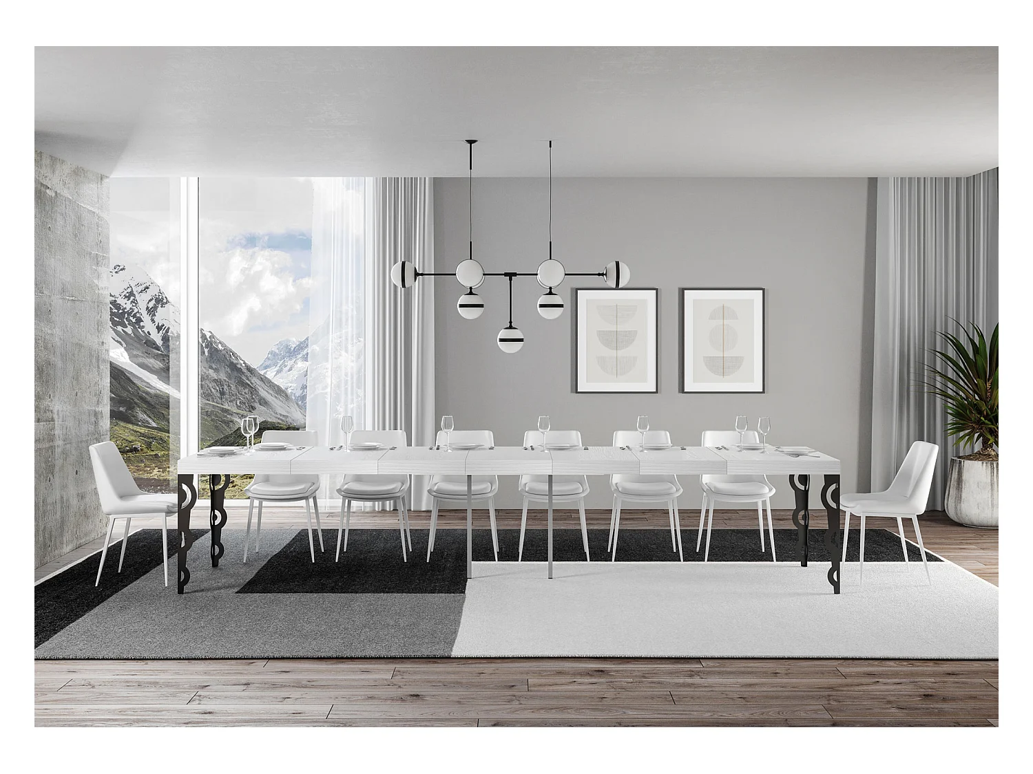 Mesa extensible Karamay Premium 120/380x90 cm fresno blanco patas antracita