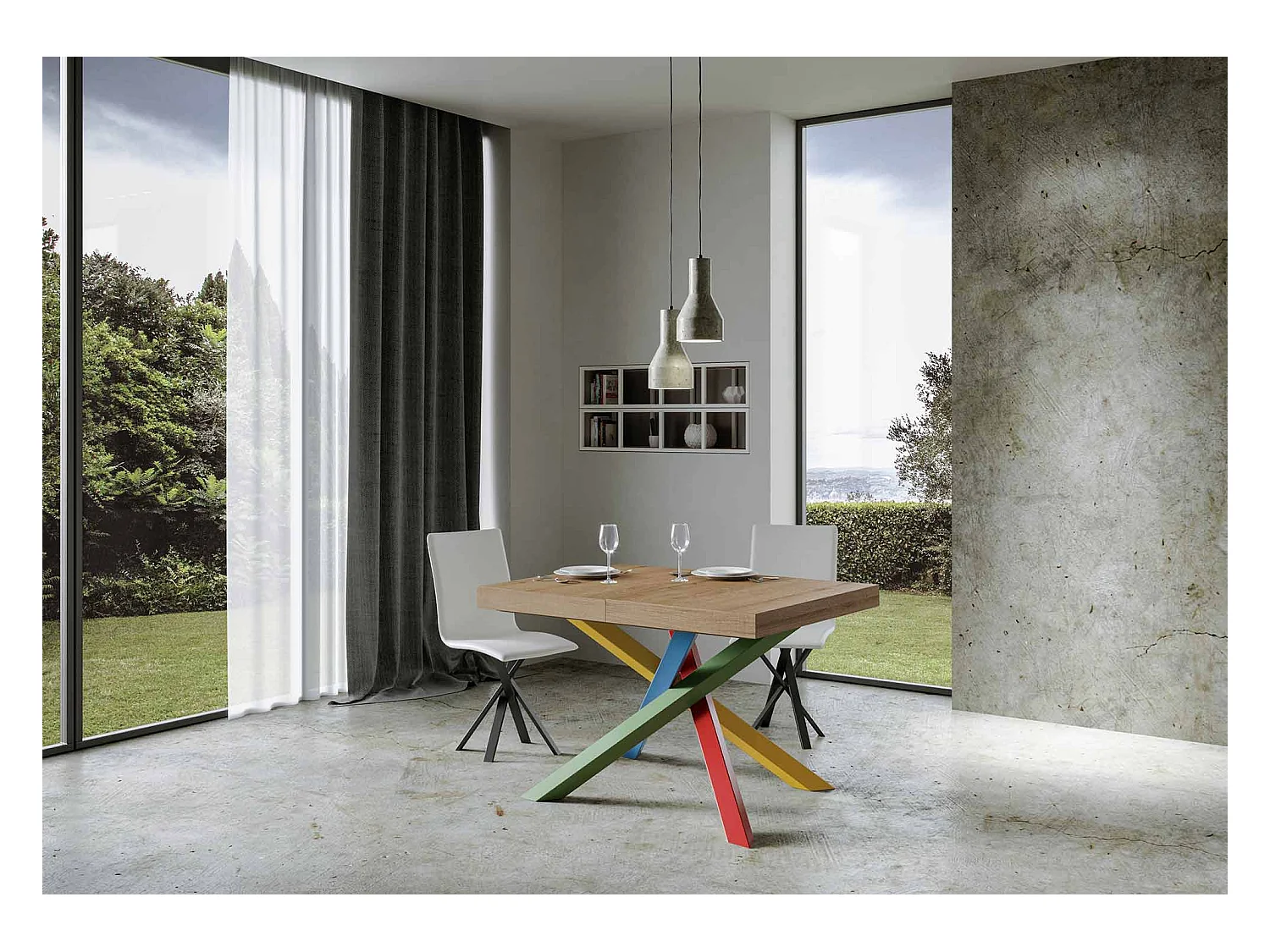 Uitschuifbare tafel 120/380x90 cm Volantis naturel eiken meerkleurige poten 4/B