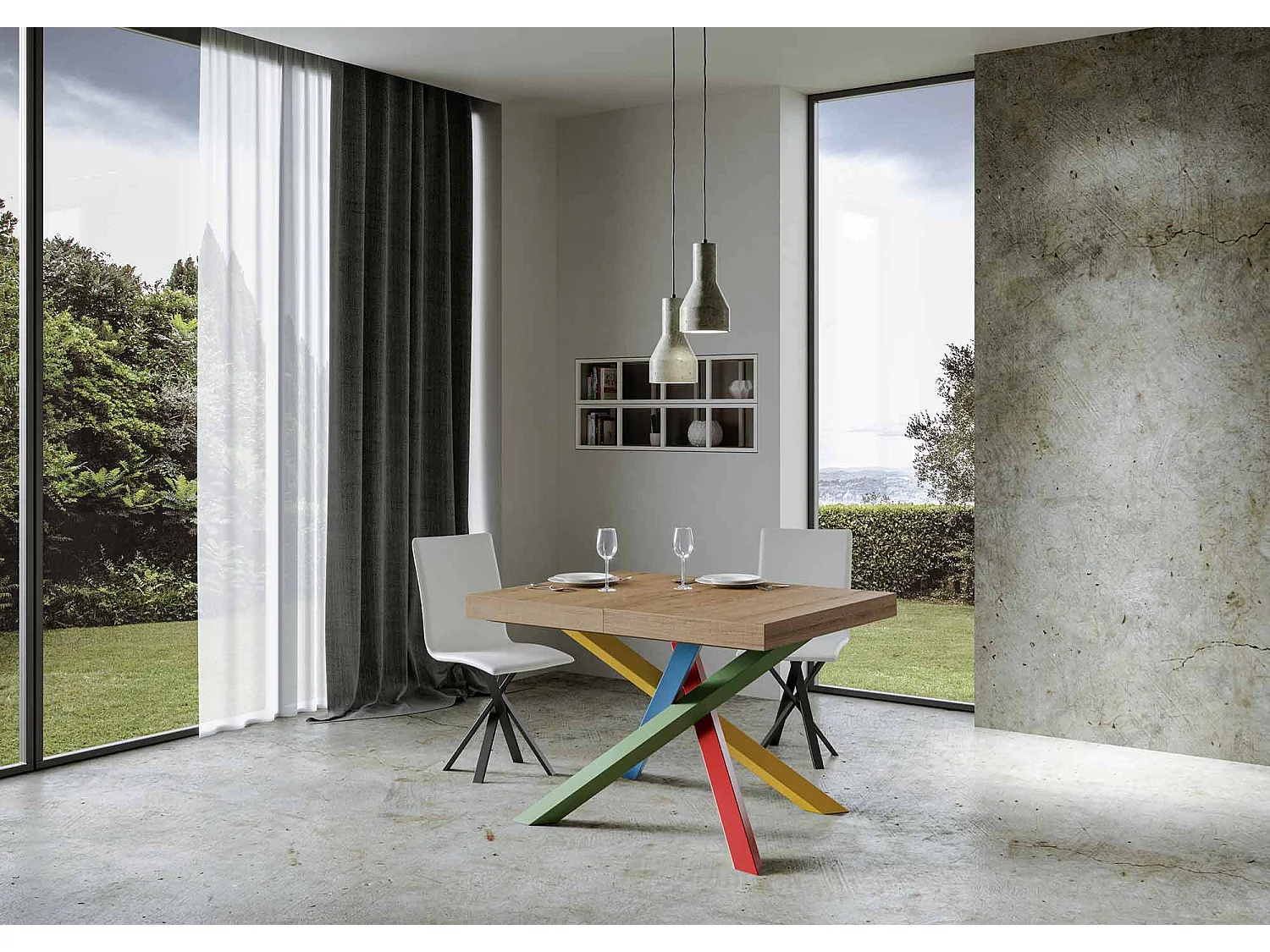 Udtræksbord 120/380x90 cm Volantis natureg flerfarvede ben 4/B